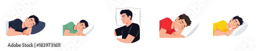 Sleeping Man Flat Vector Illustration Healthy Night Rest Lifestyle Set