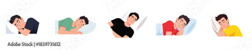 Sleeping Man Flat Vector Illustration Healthy Night Rest Lifestyle Set