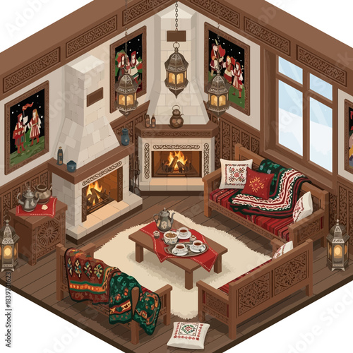 cozy traditional living room with warm fireplace and intricate woodwork design