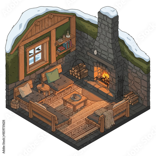 Cozy winter cabin interior with fireplace and comfortable seating arranged for relaxation