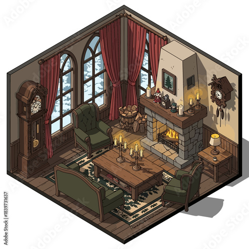 Cozy vintage living room with fireplace, antique clock, and elegant curtains scene