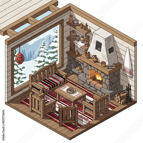 Cozy winter cabin interior with fireplace and rustic decor for warm holiday ambiance