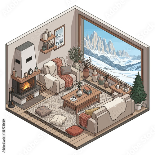 Cozy winter living room with fireplace and large window view of snow-covered mountains