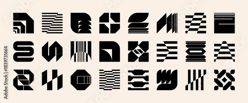 Abstract shape logo element set. Brutalist geometry vector icon design in bold futuristic symbol. Geometric modern tech graphic retro form creates distorted sign. Postmodern corporate brand identity.