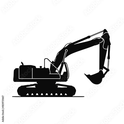 Silhouette of a heavy construction excavator with a bucket attachment.