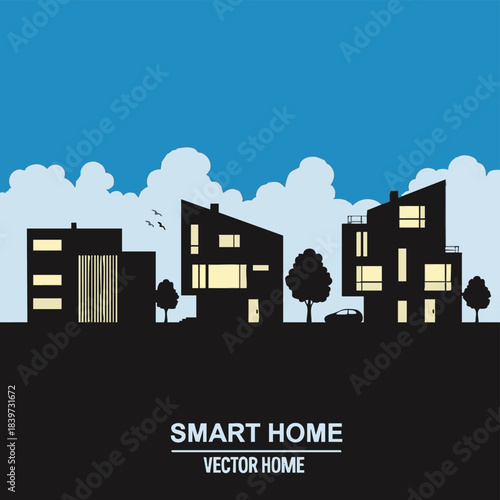 Modern smart home buildings silhouette with trees and blue sky background.