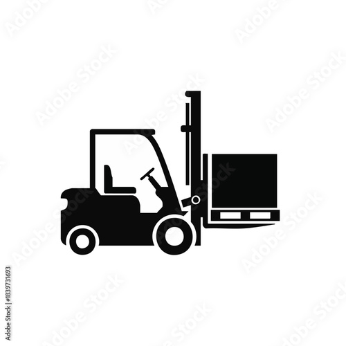 Black silhouette of a forklift lifting a pallet in industrial setting.