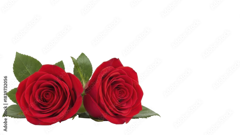 Fototapeta premium Two Fresh Red Roses with Green Leaves, PNG Image on Transparent Background
