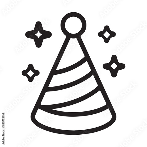 Simple line art party hat with sparkles celebration icon