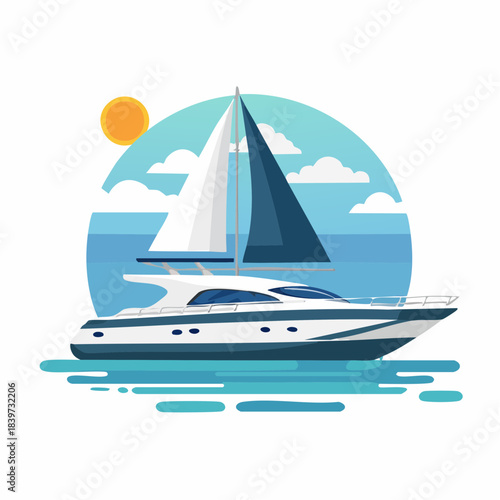 Modern White Yacht with Blue Accents Sailing on the Water.