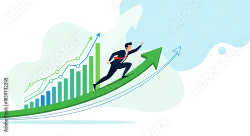 Dynamic illustration of a businessman in a suit running up a large, curving green arrow and bar chart, symbolizing success, achievement, and aggressive business growth.