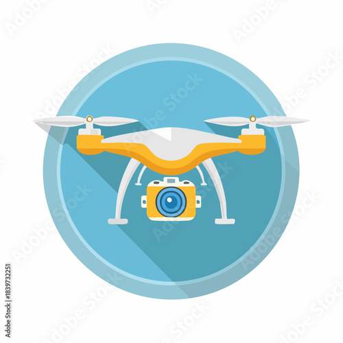 Modern Yellow and White Drone with Camera Flat Design.