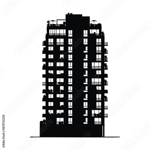 Silhouette of a modern multi-story residential building against a white background.