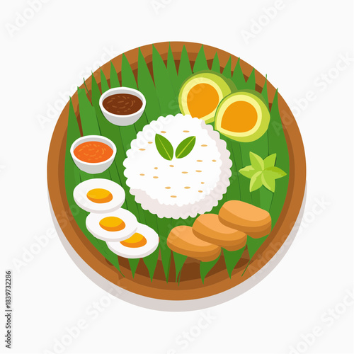 Nasi Lemak Illustration Traditional Malaysian Dish with Rice Egg and Condiments.