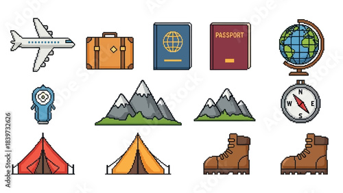 Vector Icons Representing Travel and Adventure Airplane, Suitcase, Passport, Globe, Compass, Mountains, Tent, and Boots