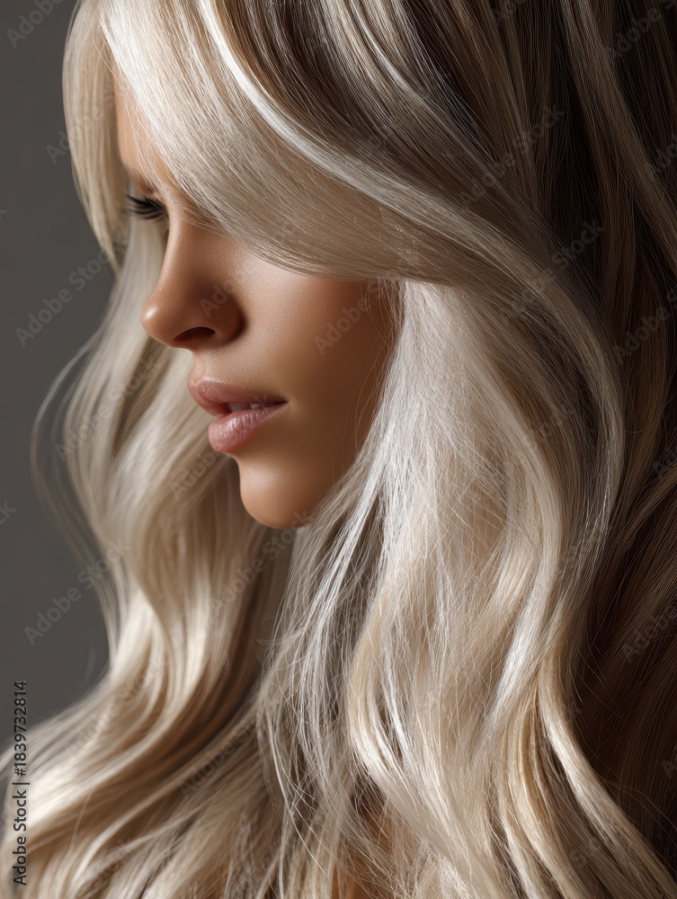 Fototapeta premium Ultra-detailed close-up featuring ash blonde hair, silky strands cascading elegantly over the shoulders, refined beauty concept -