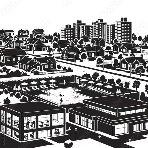 Black and white illustration of a suburban neighborhood with residential houses and community buildings.