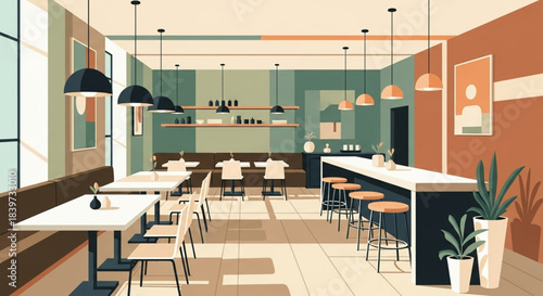 Spacious cafe interior with a warm, earthy color scheme of burnt orange, sage green, and white, showing a long banquette, dining tables, and a prominent bar area with wooden stools.