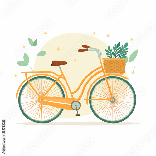 Orange Bicycle with Basket and Greenery Illustration.