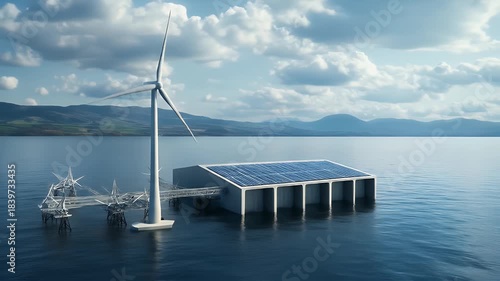 Floating wind and solar energy platform on a lake