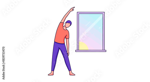Man stretching body indoors near window for exercise.