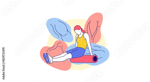 Woman exercising with yoga mat and abstract shapes.