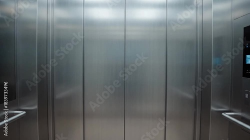 Modern elevator interior with open doors and stainless steel panels