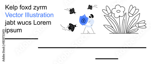 Cybersecurity, digital threats, data safety, technology, personal information, online protection. Person holding shield against insects threats near flowers. Cybersecurity and digital threats concept