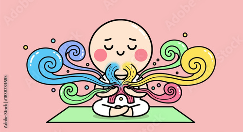 Cute happy character meditating with colorful energy flowing from mouth.