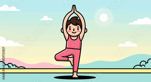 Cute cartoon girl practicing yoga tree pose with serene expression.