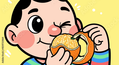 Cute cartoon boy peeling an orange with joy.