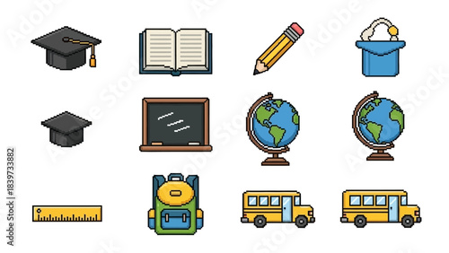 Set of educational icons representing school and learning activities, including graduation cap, book, pencil, blackboard, globe, ruler, backpack, and school bus