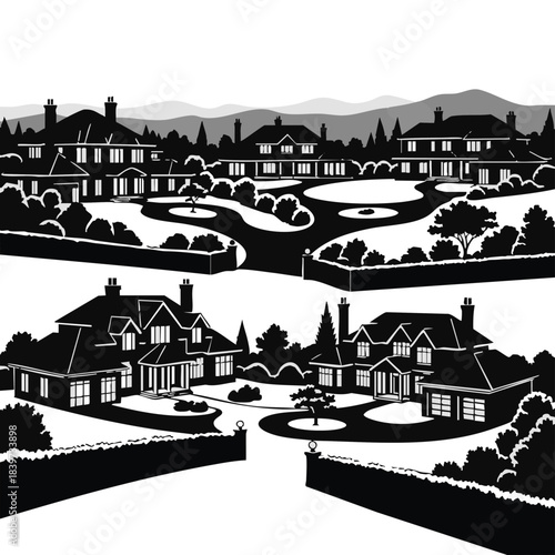 Stylized Illustration of a Suburban Neighborhood with Houses and Gardens.