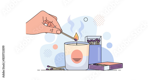 Hand lighting a scented candle with a matchstick.