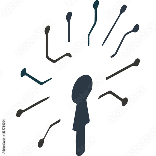 Abstract Representation of a Central Figure with Radiating Lines and Abstract Shapes Against a Dark Background Suggesting Connection or Growth