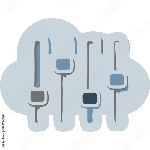 Abstract representation of audio mixing console sliders and controls set against a soft blue cloud shape symbolizing digital sound processing or cloud-based audio production studio technology