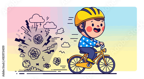 Happy child wearing helmet riding a bicycle with energy and speed.