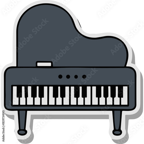 Acoustic Grand Piano with Black and White Keys and Dark Gray Body on a White Background with a Subtle Shadow