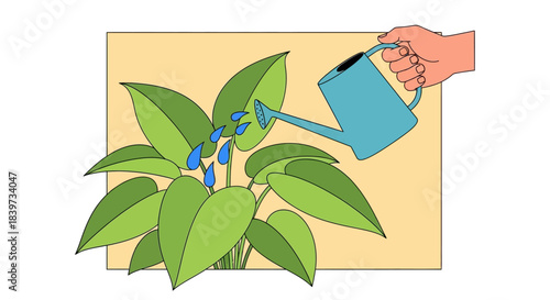 Hand watering a green plant with a blue watering can.