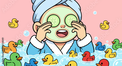 Cute baby enjoying a relaxing spa day with cucumber slices.