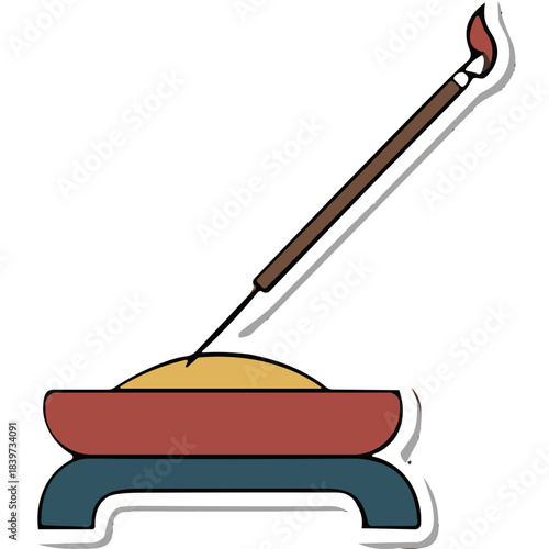 An Incense Stick Burning Aromatic Smoke In A Traditional Holder With Sand And A Small Flame Illuminated Against A Dark Background