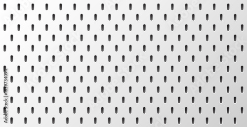 Seamless vector pegboard background. White perforated metal wall texture with vertically elongated holes, ideal for organization, garage, workshop, and industrial design concepts.