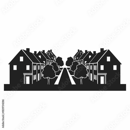Silhouette of suburban neighborhood street with houses and trees.