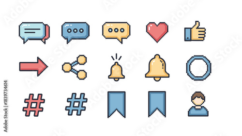 Content Creation and Media Production Icons Set. Pixel Art Style for Audio, Video, Publishing, and Digital Assets.