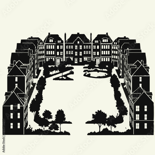 Stylized Illustration of a Classic European Town with Central Park and Historic Buildings.