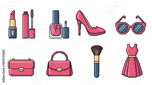 Fashion and Beauty Icons Set. Cosmetics, Accessories, Clothes, and Pixel Art Style Vector Collection.