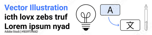 Language learning, translation tools, communication, global interaction, creativity, educational tools. Light bulb, text conversion boxes and pen symbol. Language learning and translation tools