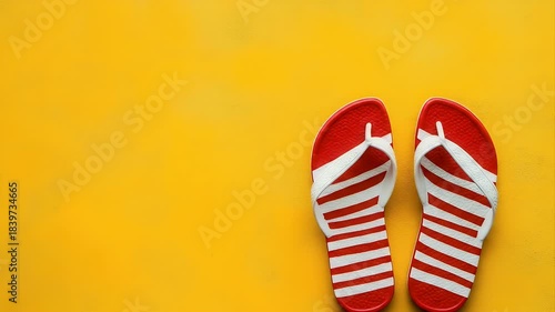Two red flip-flops on a bright yellow surface