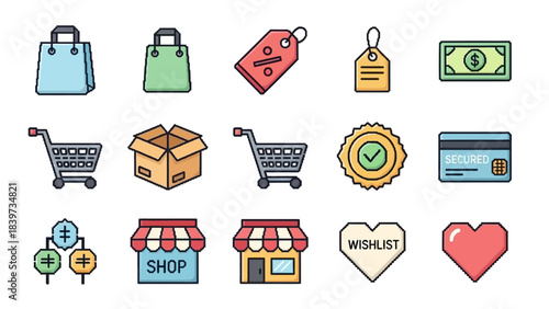 E-commerce and Shopping Icons Set. Retail, Store, Discount, and Transaction Flat Line Vector Collection.