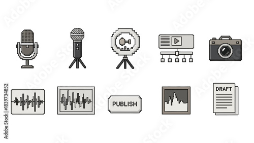 Content Creation and Media Production Icons Set. Audio, Video, Publishing, and Digital Assets Flat Line Vector Collection.
